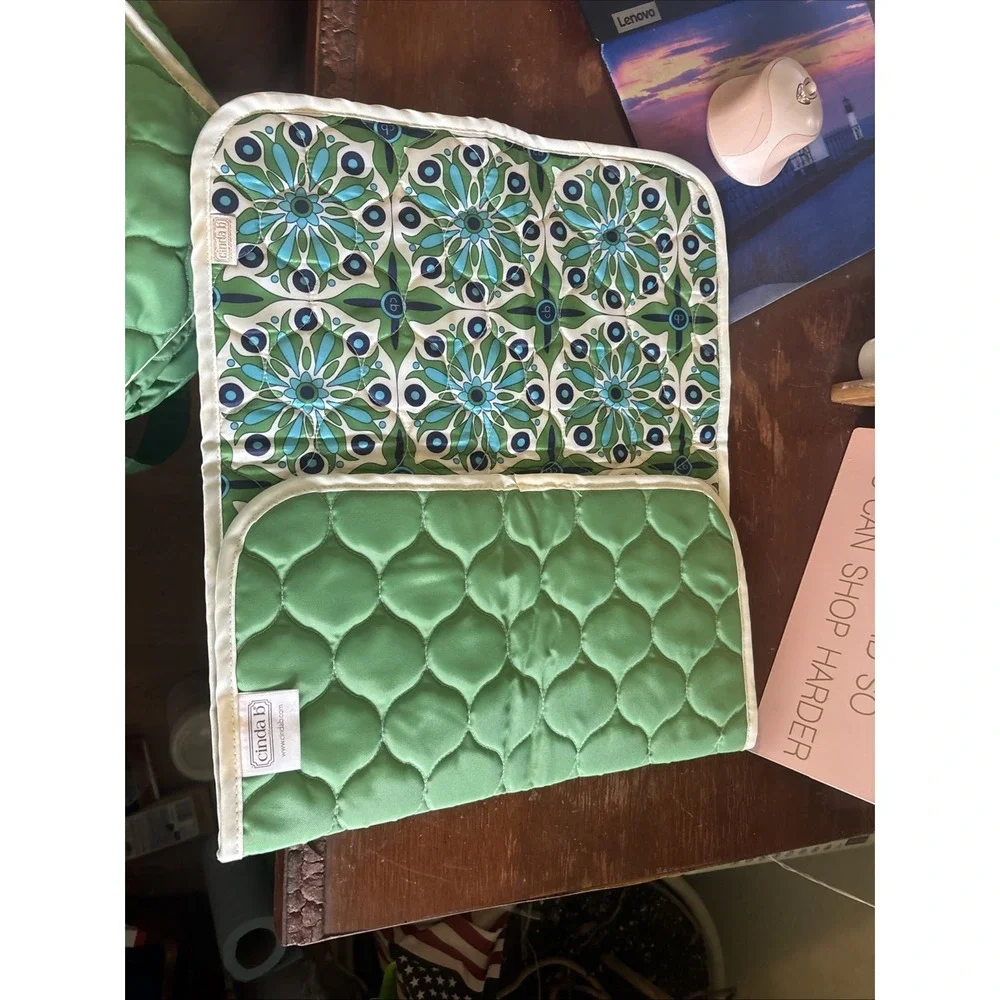Cinda B Diaper Bag With Changing Pad‎ Quilted Nylon Verda Bonita Green Blue